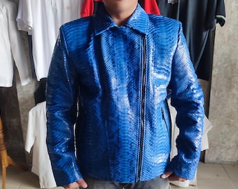 Blue Snakeskin Motorcycle Leather Jacket for Men's
