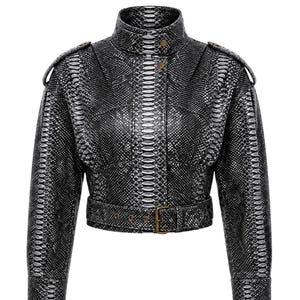 Black Genuine Python Snakeskin Cropped Jacket: Exotic Leather Moto Biker Outerwear for Women