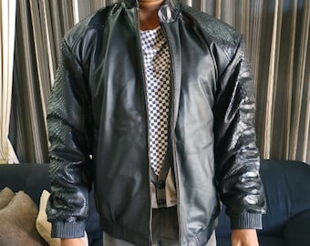 Men's Bomber Leather Jacket Genuine Black Python Snakeskin
