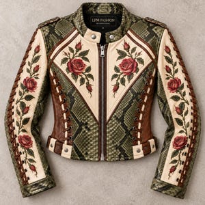 Genuine Python Snakeskin Leather Cropped Biker Jacket | Olive Green | Hand-Painted Rose Motorcycle Coat