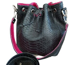 Drawstring Travel Bucket Bag for Women Genuine Python Snakeskin Leather