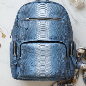 Metallic Blue Genuine Python Snakeskin Backpack: Convertible Laptop Backpacks