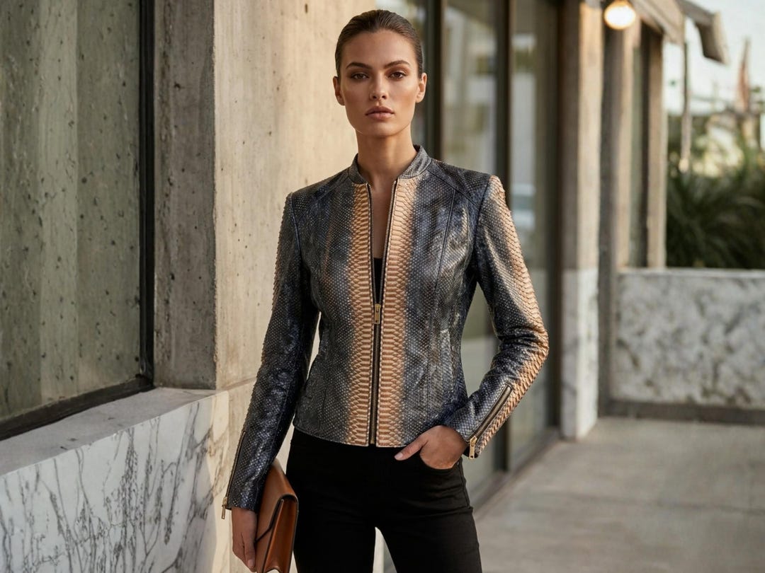 Black Charcoal Python Snakeskin Jacket Women: Genuine Exotic Leather ...