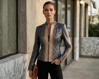 Black Charcoal Python Snakeskin Jacket Women: Genuine Exotic Leather Gold Zip Snake Skin Coat