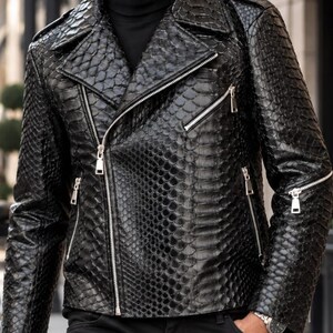 Man wearing black python snakeskin leather biker jacket on city street