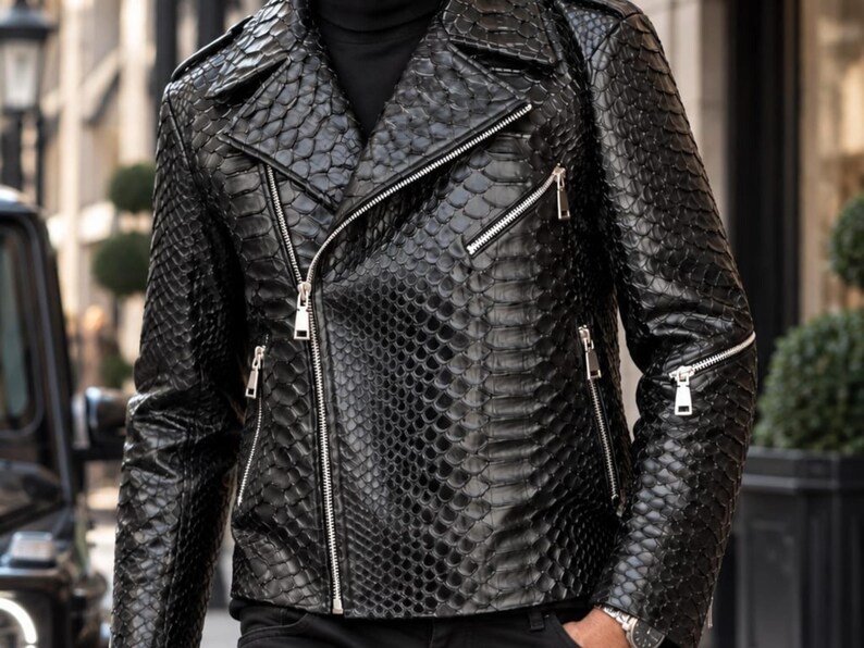 Man wearing black python snakeskin leather biker jacket on city street