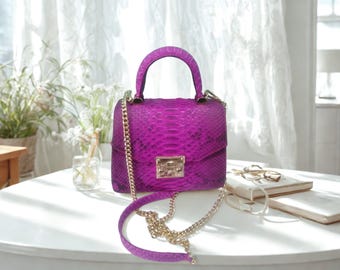 Trendy Fuchsia Python Snakeskin Purse Chain Strap