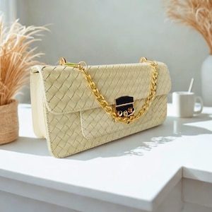 Handwoven Cross-body Leather Bag Gold Chain Strap