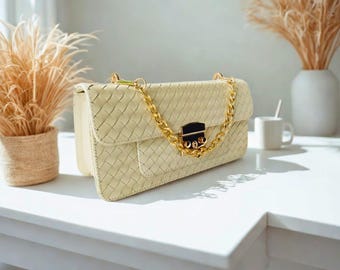 Handwoven Cross-body Leather Bag Gold Chain Strap