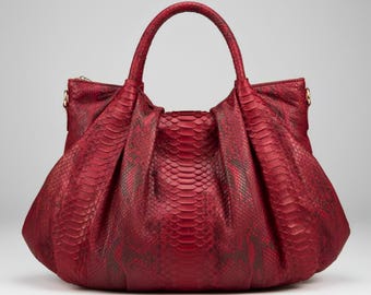 Python Snakeskin Leather Maroon Floy Hobo Women Shoulder Bucket Bag