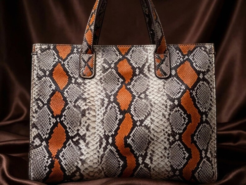Luxury vanity styling with orange snakeskin tote bag and elegant accessories