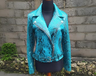 Trendy Turquoise Snakeskin Leather Jacket for Women