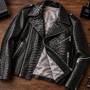 Black genuine python snakeskin leather biker jacket flat lay with satin lining