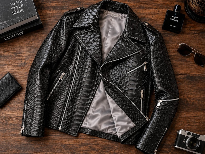 Black genuine python snakeskin leather biker jacket flat lay with satin lining