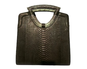 Dark Green Olive Tote Python Snakeskin Women Bag with Natural Lizard Skin Trim Plus Wallet