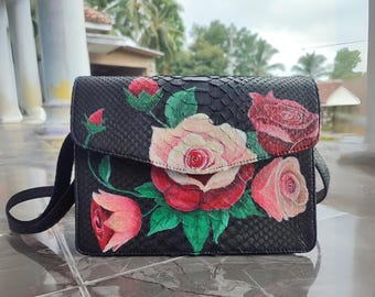 Hand Painted Snakeskin Bag with Rose Flowers by Balinese Women for Support Women Business