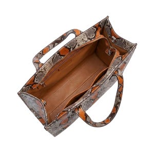Interior compartment view of genuine python leather tote handbag