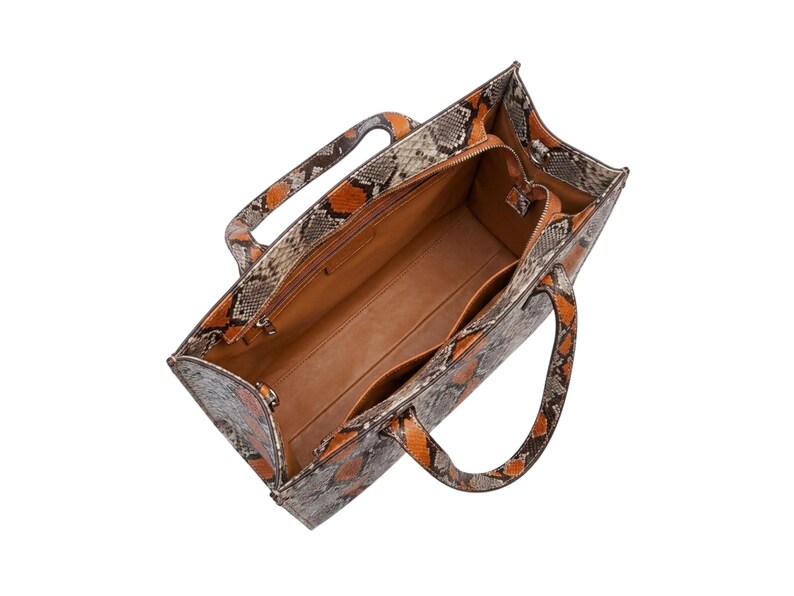 Interior compartment view of genuine python leather tote handbag