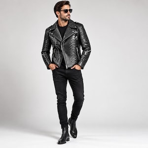Man wearing black genuine python snakeskin leather biker jacket with black jeans and boots