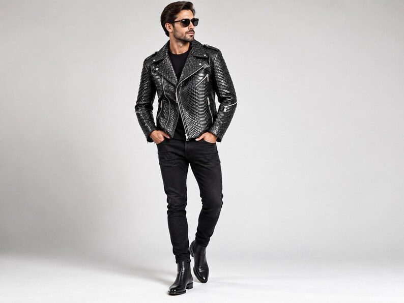 Man wearing black genuine python snakeskin leather biker jacket with black jeans and boots