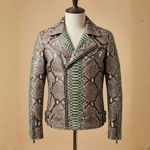 Genuine Python Snakeskin Leather Biker Jacket: Natural Gray with Green Gradation
