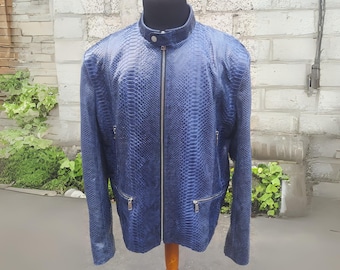 Blue Python Snakeskin Leather Jacket Front Pockets Round Collar Style