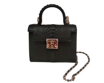 Top Handle Snakeskin Leather Bag Chain Strap