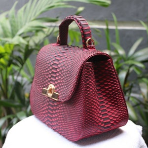 Red Python Snakeskin Leather Shoulder Top Handle Bag For Women