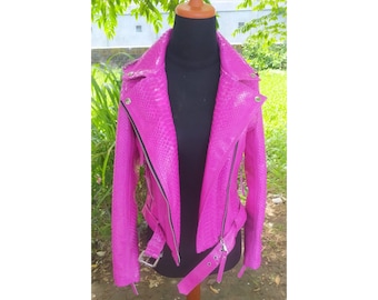 Glossy Neon Pink of Python Snakeskin Motorcycle Leather Jacket for Biker Women