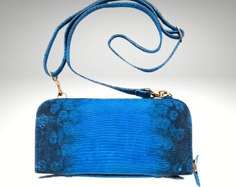 Cute Zip Around Wallet Genuine Lizard Skin Crossbody Leather Strap