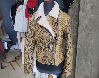 Genuine Snakeskin Motorcycle Leather Jacket Fur Lining  Best for Winter