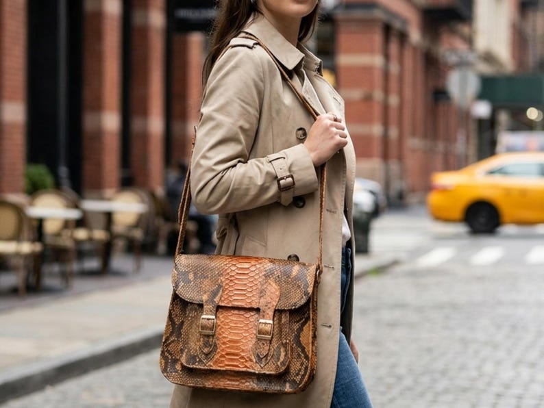 Genuine Python Snakeskin Messenger Bag: Luxury Exotic Leather Crossbody Satchel