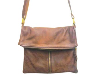Crossbody Foldover Leather Bag Large Compartment Zip Pockets