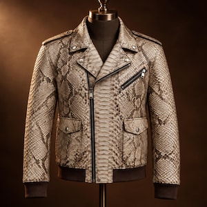 Peut inclure: Une veste en cuir à motif peau de serpent beige et marron avec un revers cranté, une fermeture éclair frontale asymétrique, deux poches à rabat à la taille, une poche poitrine zippée, ainsi que des poignets et un ourlet côtelés marron foncé.