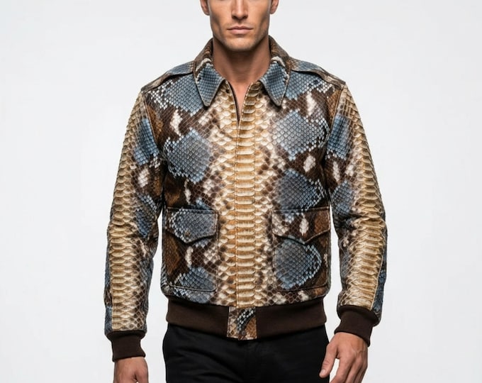 Featured listing image: Genuine Python Snakeskin Bomber Jacket: Exotic Leather Jacket for Men