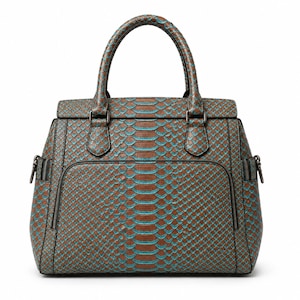 May include: A structured handbag featuring a brown and teal snakeskin-patterned texture. The bag includes two top handles, a front exterior pocket with a zip closure, and dark metal hardware accents on the sides and handle attachments.