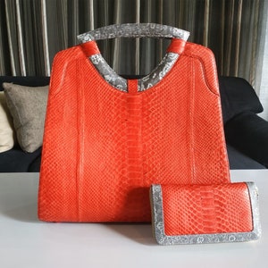 Rote Tote Python Schlangenleder-Frauen-Tasche mit natürlicher Eidechsen-Haut Trim Plus Brieftasche