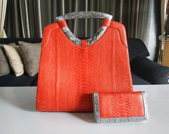 Red Tote Python Snakeskin Women Bag with Natural Lizard Skin Trim Plus Wallet
