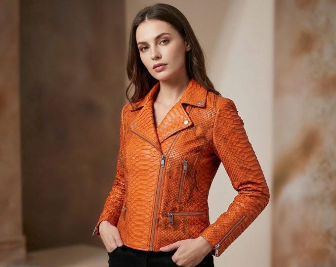 Featured listing image: Genuine Python Snakeskin Leather Biker Jacket for Women: Burnt Orange Exotic Motorcycle Jacket