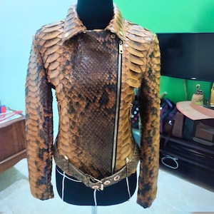 Specialty Brown of Snakeskin Python Leather Jacket for Women with King Scales
