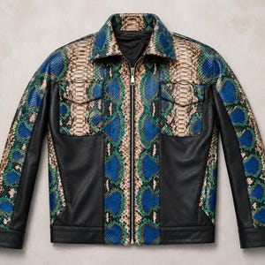 Blue Natural Genuine Python Snakeskin Leather Jacket Men: Exotic Western Handmade Designer Biker Coat