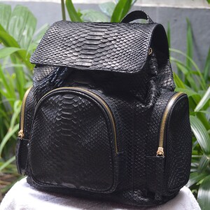 Genuine Black Python Snakeskin Leather Backpack for Travel & School