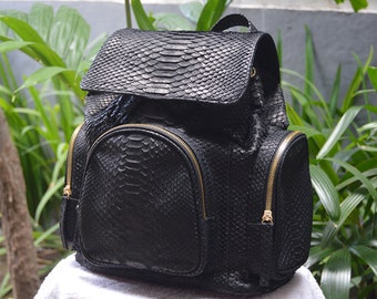 Genuine Black Python Snakeskin Leather Backpack for Travel & School