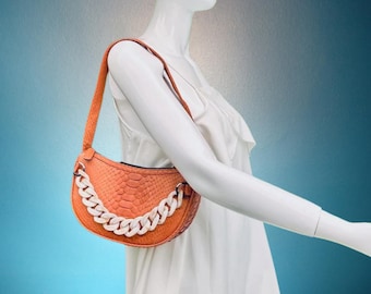 Genuine Snakeskin Half Moon Shoulder Bag Acrylic Strap Accent