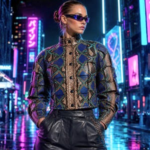 Women's Leather Jacket Genuine Python Snakeskin Cropped Royal Blue Teal Gold Patchwork Outerwear