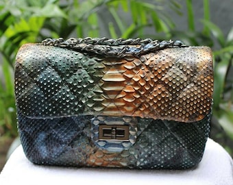 Real Python Snakeskin Crossbody Women Quilted Clutch Purse with Chain Strap