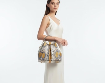 Genuine Python Snakeskin Drawstring Bag: Exotic Leather Bucket Purse