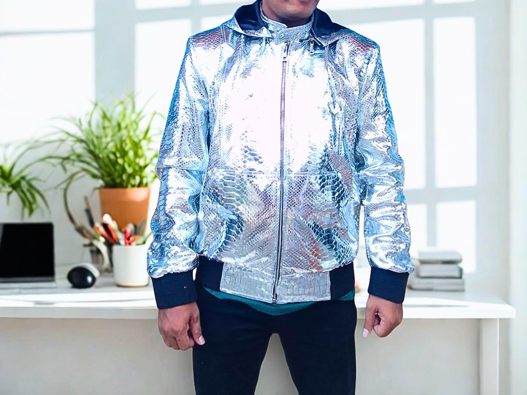 Metallic Silver Snakeskin Leather Jackets With Hoodies - Etsy