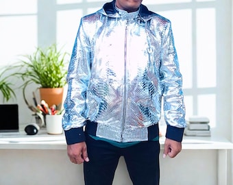 Metallic Silver Snakeskin Leather Jackets with Hoodies