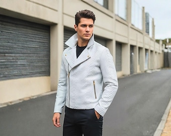 Handmade White Python Snakeskin Biker Jacket: Genuine Exotic Leather